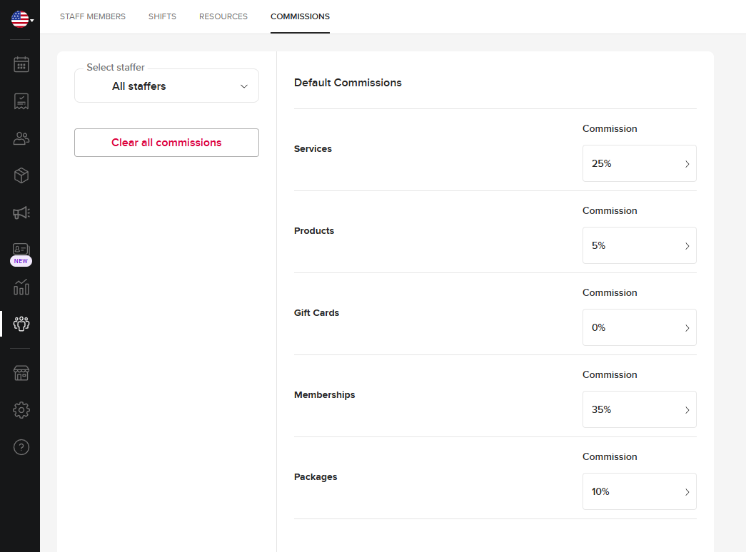 Booksy Biz staff commission settings for services and products