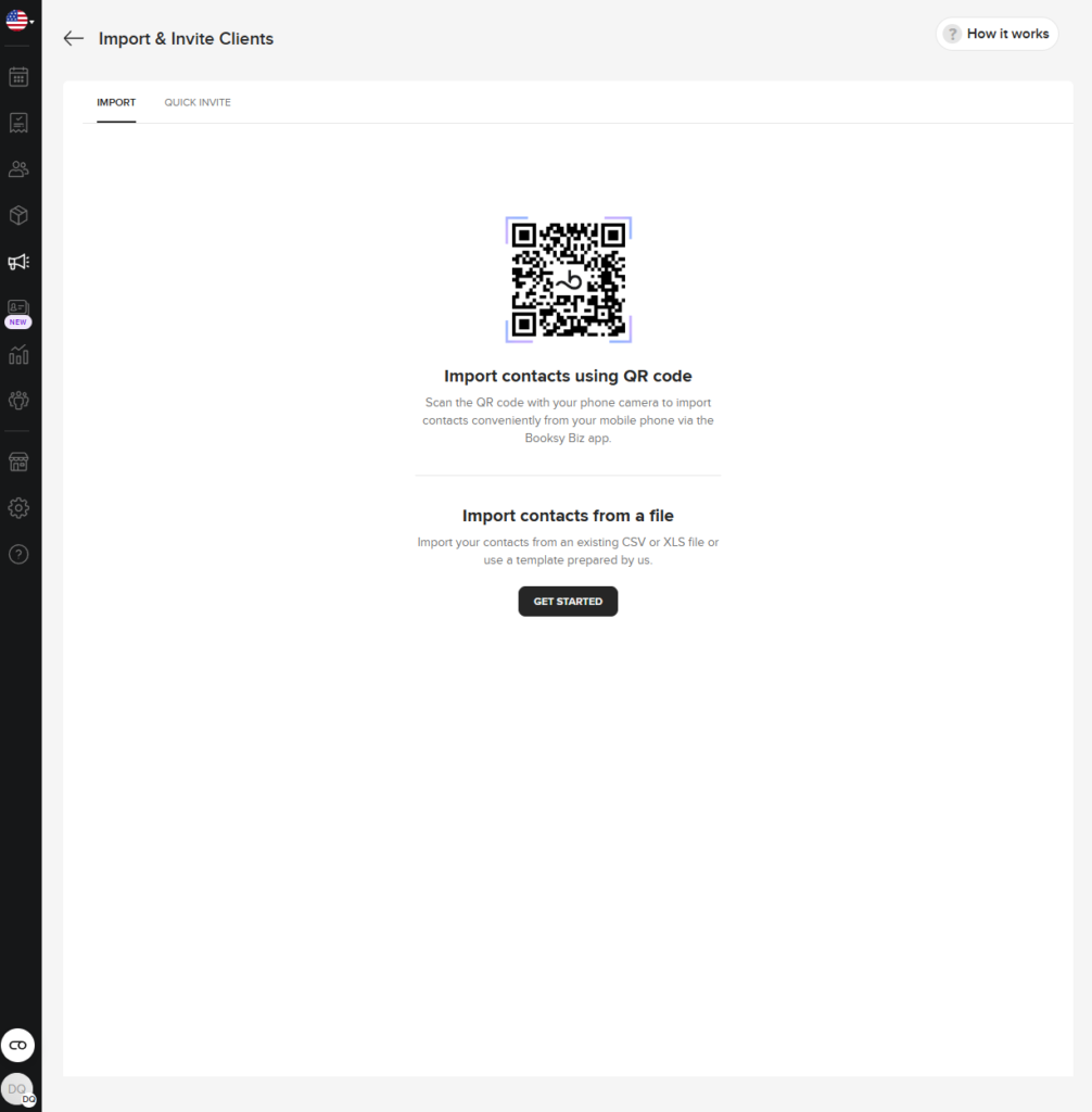 Booksy Biz client import screen with QR code and CSV file options
