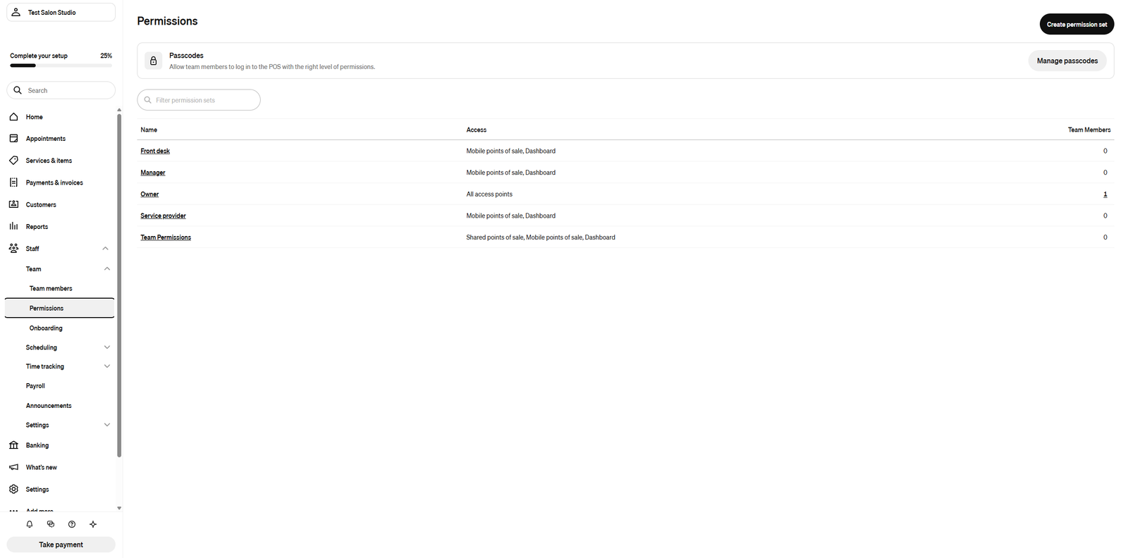 Hair salon management software team permissions dashboard