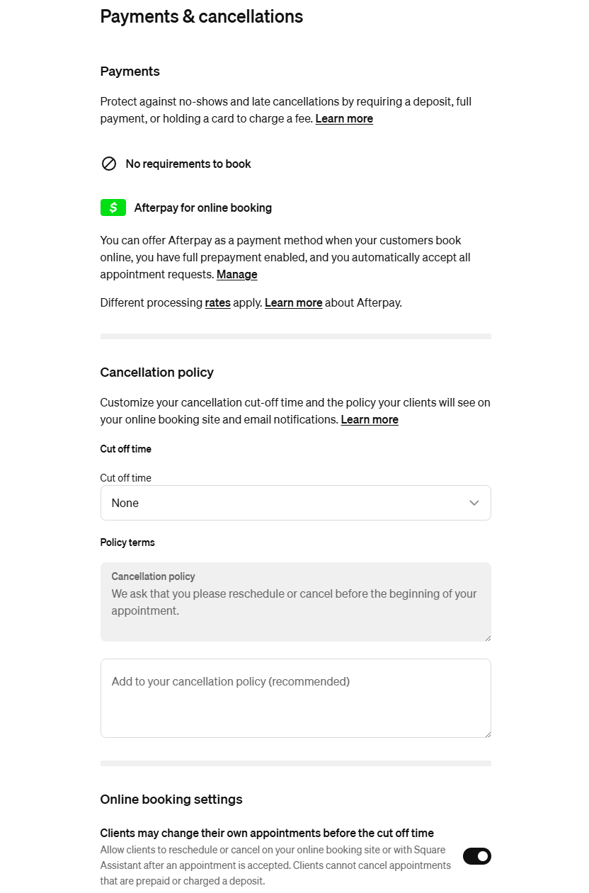 Square Appointments cancellation policy and no-show protection settings