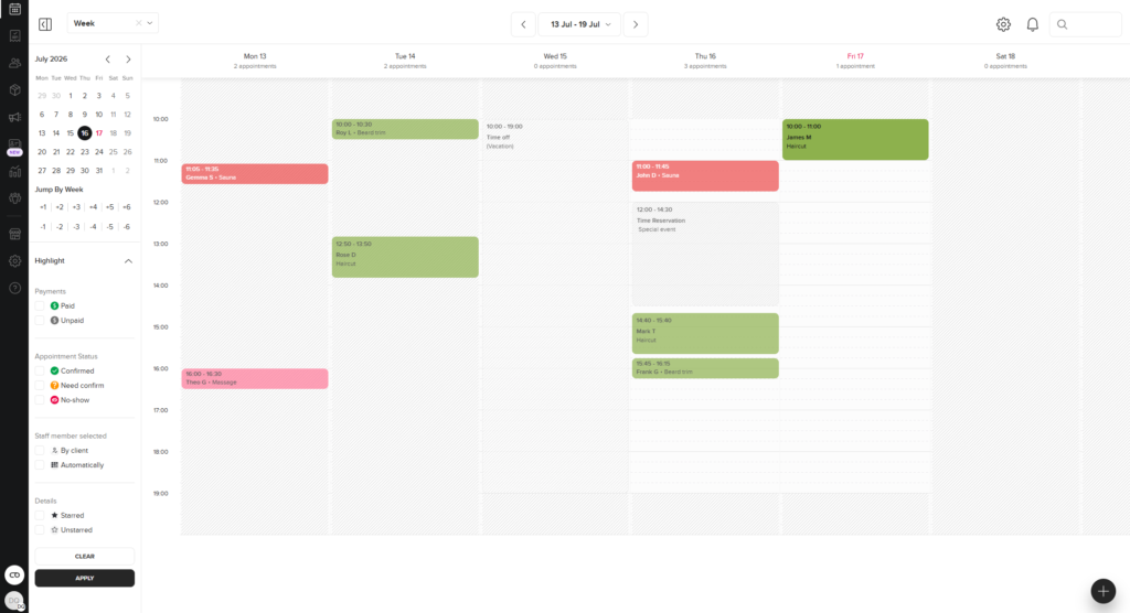Booksy Biz weekly calendar showing spa appointments