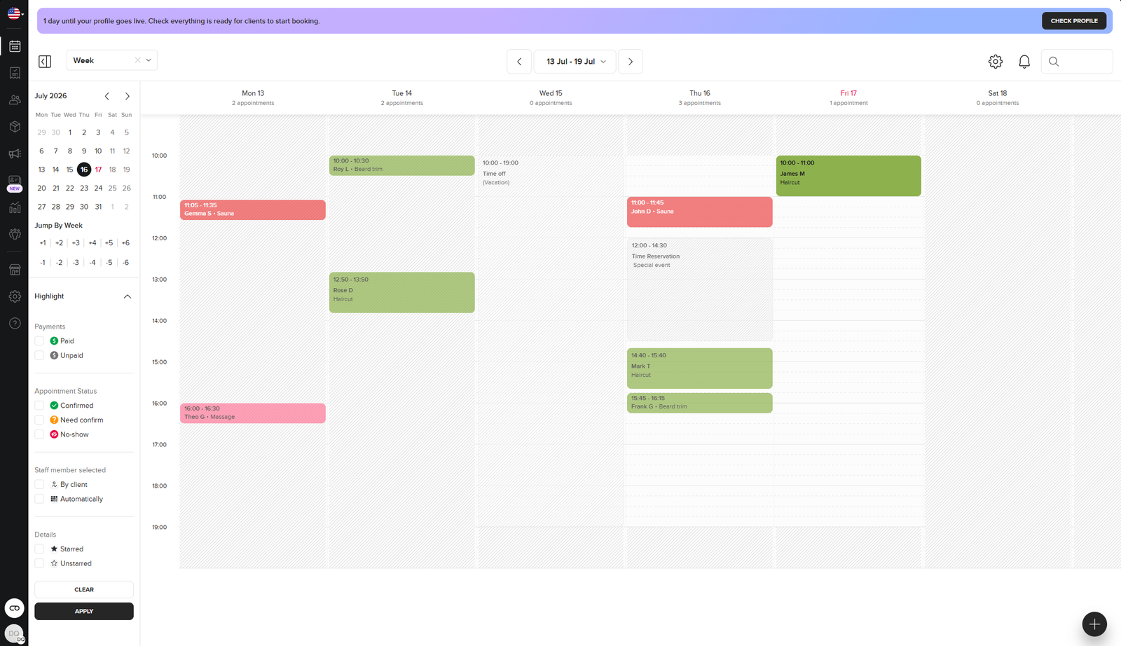 Booksy Biz weekly calendar view with appointments, time off, and status color coding