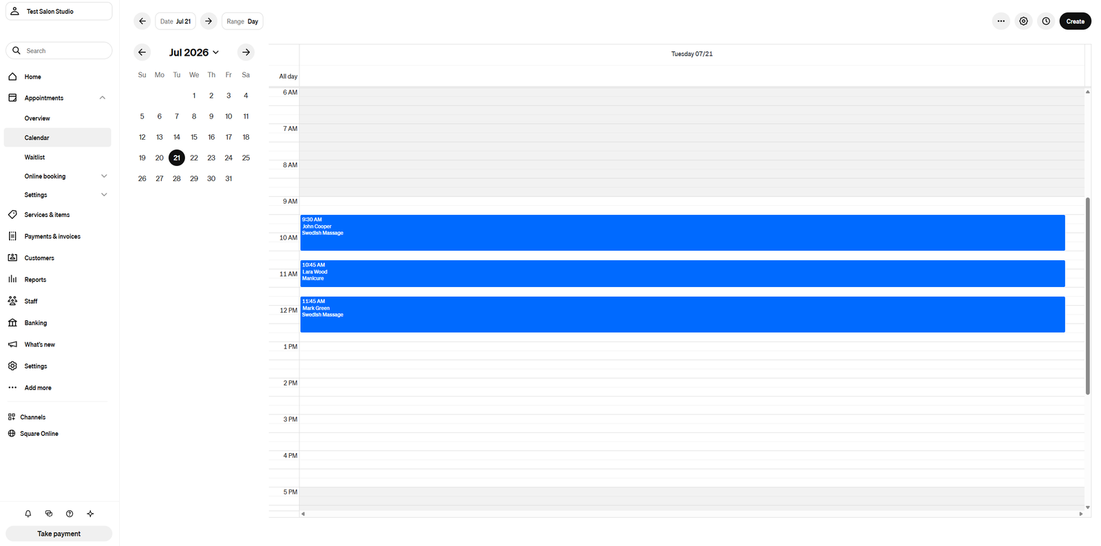 Spa appointment calendar with multiple scheduled treatments