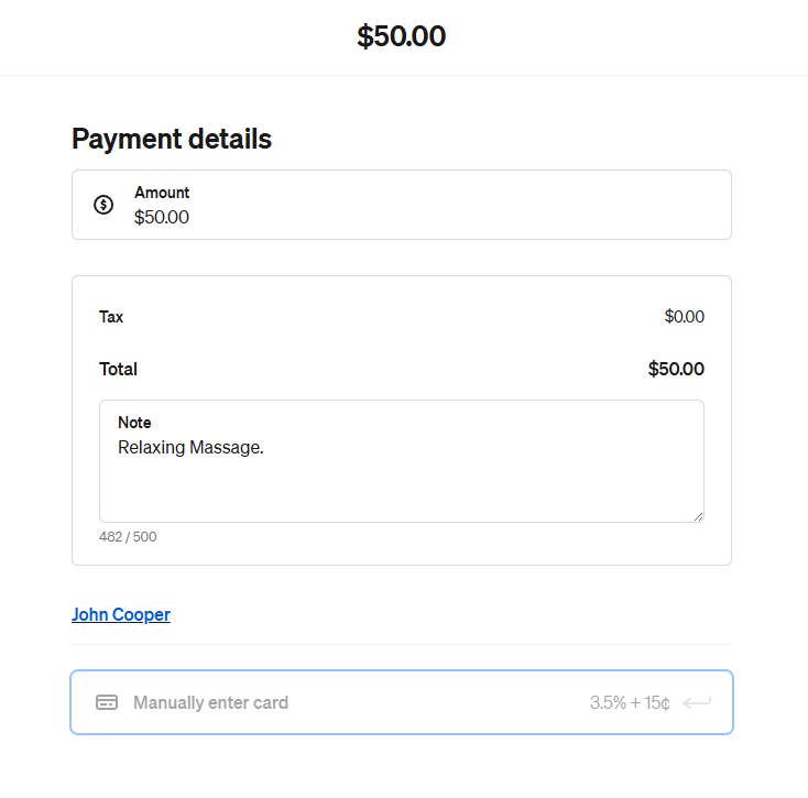 Square payment screen showing manual card entry fee