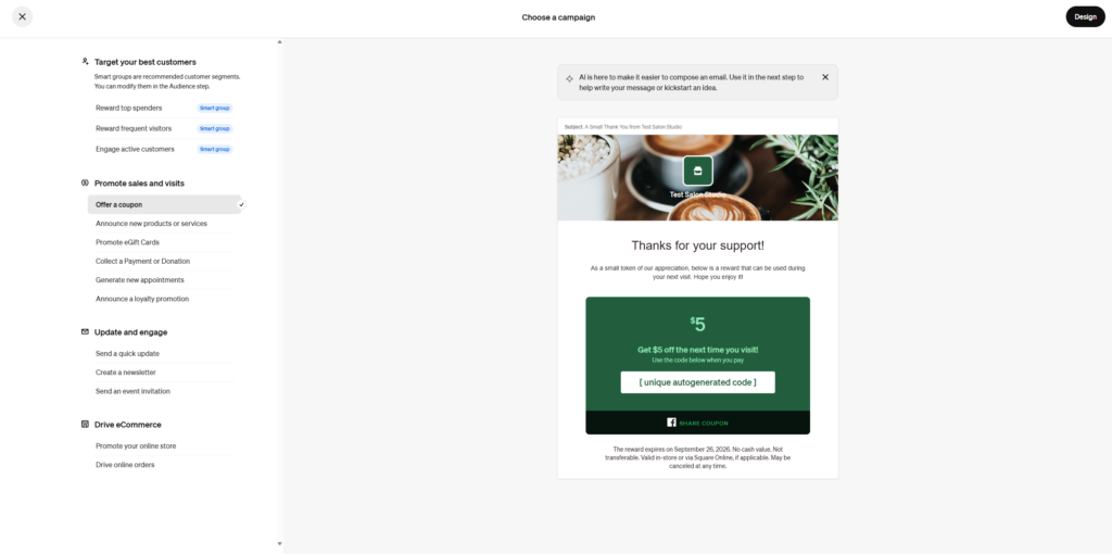 Square Appointments campaign builder showing customer retention segments