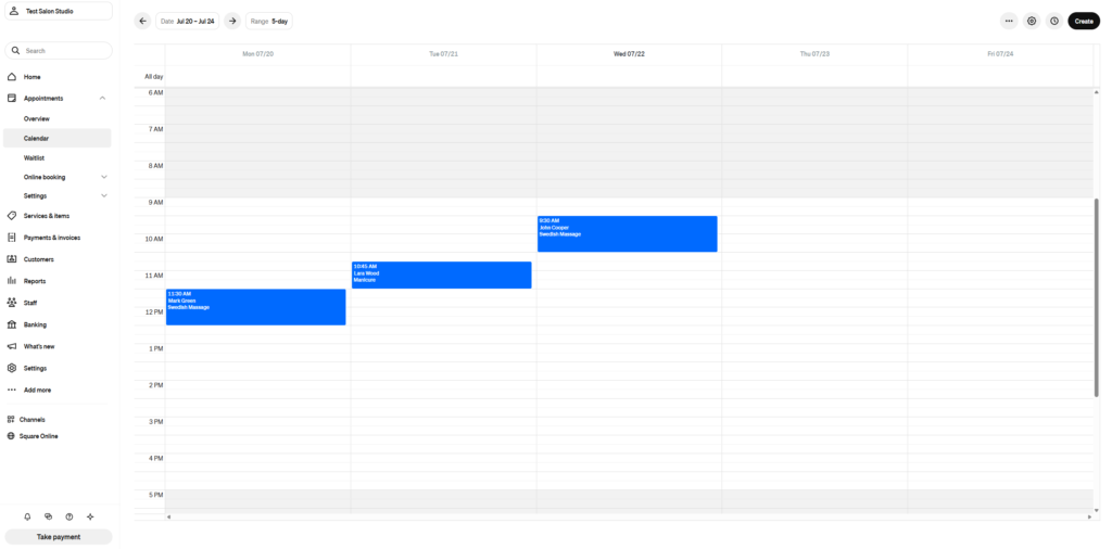 Weekly view of a spa appointment calendar