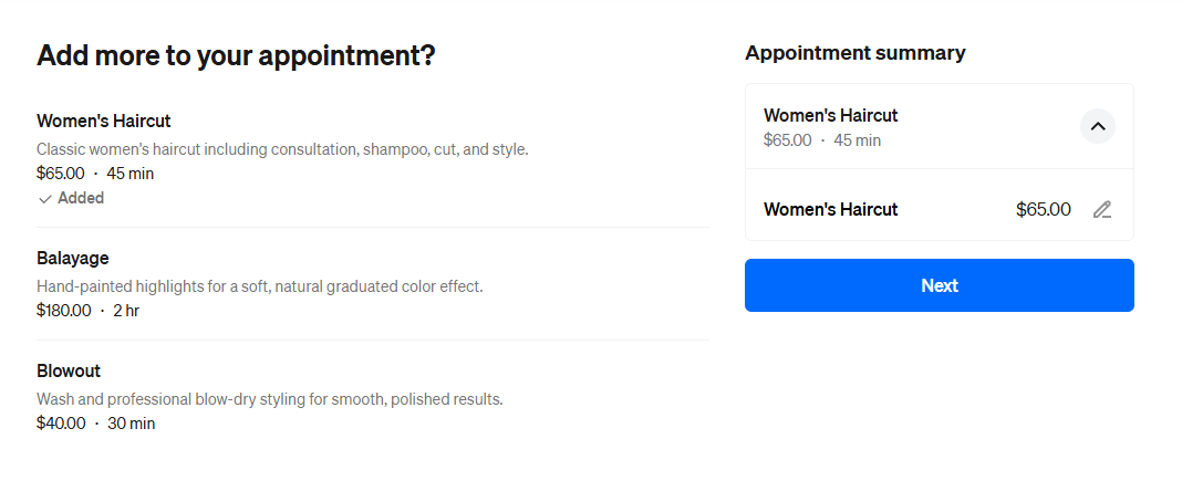 Square Appointments booking flow with a service selected and appointment summary