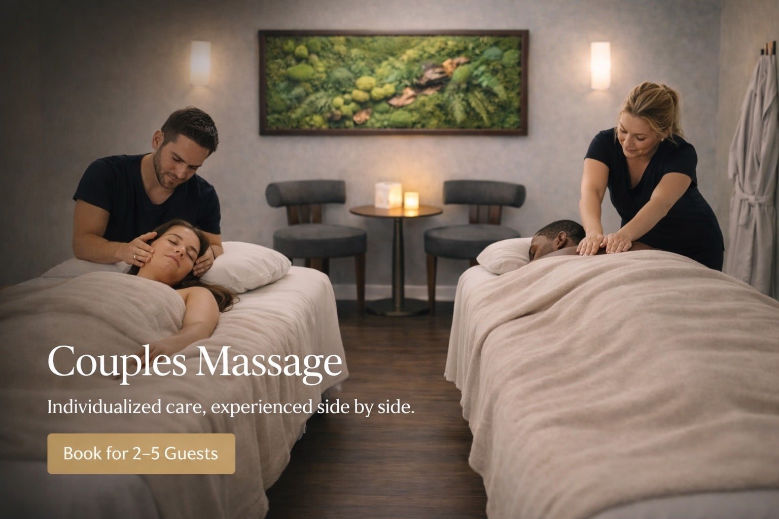 Two clients receiving spa treatments side by side in the same room
